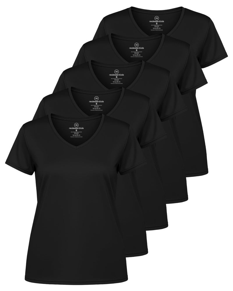 REALESSENTIALS Real Essentials 5 Pack: Women's Dry Fit Short Sleeve V Neck Workout Top - Fitness Pilates Gym Athletic Yoga T-Shirt (Plus Available), Set 5, M - Image 1